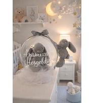 Hoş geldin bebek yenidoğan balon Hediye Kutusu – Peluş Tavşan &Balonlu (Gri - Mavi)