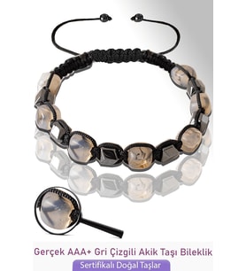Sertifikalı Küp Model Gerçek Gri Çizgili Akik Taşı Bileklik - Ayarlamalı (Çok Renkli)