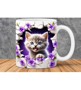 3D Efektli Sevimli Kedi Desenli Mor Çiçekli Hediyelik Porselen Kupa Bardak