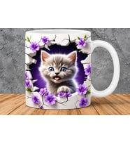 3D Efektli Sevimli Kedi Desenli Mor Çiçekli Hediyelik Porselen Kupa Bardak