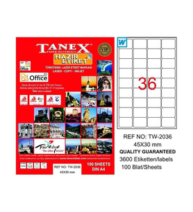 TANEX 2036 LASER ETİKET 45x30mm 36x100 3600 ADET