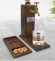 BK Gift Kişiye Özel Erkek Kurukafa Tasarımlı Viski Bardağı & Musluklu Doğal Ahşap İçki Standı & Masif Ahşap Dikdörtgen Sunum Tabağı Çerezlik Hediye Seti-2