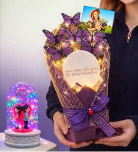 Size Özel Fotoğraflı Led Işıklı Aynalı Kelebek Buketi & Renkli Led Işıklı Fanuslu (Model 10)