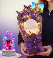 Size Özel Fotoğraflı Led Işıklı Aynalı Kelebek Buketi & Renkli Led Işıklı Fanuslu (Model 10)