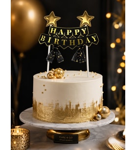Pasta Üstü Çubuklu Happy Birthday Yıldızlı Tüllü Siyah Süs Doğum Günü Parti Dekoru