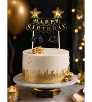 Pasta Üstü Çubuklu Happy Birthday Yıldızlı Tüllü Siyah Süs Doğum Günü Parti Dekoru
