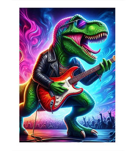 Elektro Gitar Çalan Dinozor Modern Ahşap Tablo