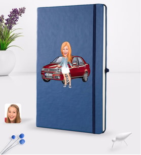 BK Gift Kişiye Özel Plakalı Kadın Fiat Albea Karikatürlü Lacivert Termo Deri Defter 16x24cm Model 1
