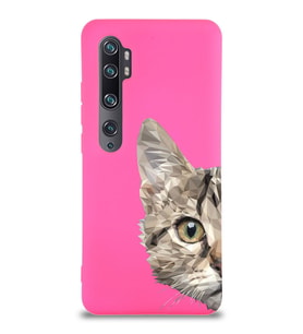 Xiaomi Mi Note 10 Pro Uyumlu Lansman Kılıf Catface Tasarımlı İçi Kadife Kapak-Neon Pembe (Şeffaf)