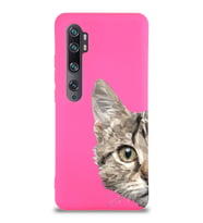 Xiaomi Mi Note 10 Pro Uyumlu Lansman Kılıf Catface Tasarımlı İçi Kadife Kapak-Neon Pembe (Şeffaf)
