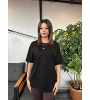 Unisex Oversize Geniş Kesim Pamuklu Basic Bisiklet Yaka Siyah Tişört/T-shirt 