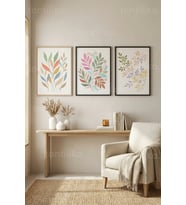 Pastel Tonlarda Botanik Esintiler 3’lü Ahşap Çerçeveli Tablo Seti