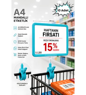 10 Adet - A4 Mandallı Fiyatlık Etiketlik Sepet Raf Askılık Fiyat Etiketi Çerçeveli Market Mağaza Turkuaz