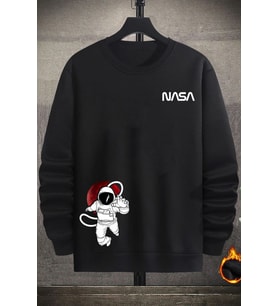 Unisex Nasa Baskılı Bisiklet Yaka Sweatshirt (Siyah)
