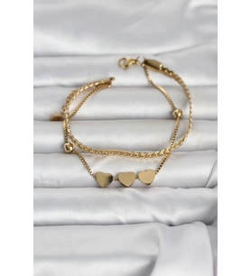 316L Çelik Gold Renk Ezme Zincir ve Kalpli Kadın Bileklik - TJ-BB8390