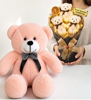 Kişiye Özel Yazılı Krem LED Işıklı Peluş Ayıcık Buketi ve 50 cm Pembe Peluş Ayıcık Hediye Seti