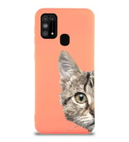 Samsung Galaxy M31 Uyumlu Lansman Kılıf Catface Tasarımlı İçi Kadife Kapak-Turuncu (Şeffaf)