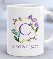 Kişiye Özel Çiçekli C Harfli Hediye Kupa Bardak İsim Soyisim Yazılı (Beyaz)