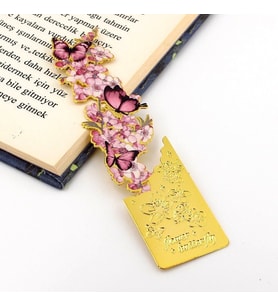 Pembe Çiçekler ve Kelebekler Altın Rengi Metal Kitap Ayracı Ayraç AY104