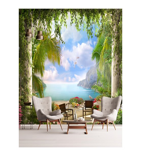 Dreamwall Deniz Manzaralı Balkon Desenli Tekstil Duvar Kağıdı (Çok Renkli)