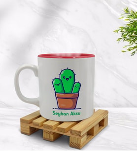 BK Gift Kişiye Özel Kaktüs Tasarımlı İçi Kırmızı Renkli Kupa Bardak Model 3