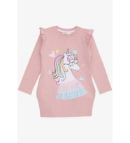 Breeze Kız Çocuk Uzun Kollu Elbise Unicorn Baskılı 1.5-5 Yaş, Gülkurusu