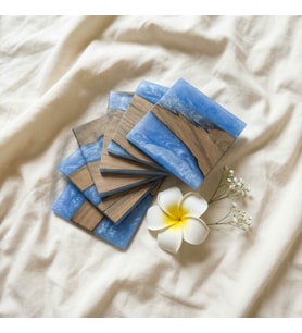 Ceviz & Turkuaz River Epoksi Bardak Altlığı Seti 6’lı, El Yapımı Ceviz Ahşap, 12x12 cm, Modern & Şık Tasarım (Mavi-Turkuaz)