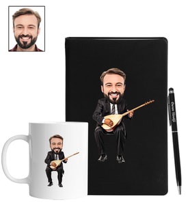 Kişiye Özel Bağlama Tasarımlı Karikatür Siyah Defter Kalem Kupa Seti 107
