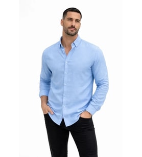 Erkek KETEN Kumaş Oversize Uzun Kollu Rahat Kalıp Gömlek - Açık Mavi
