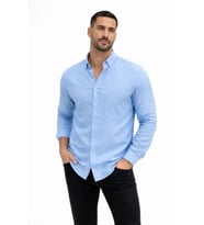 Erkek KETEN Kumaş Oversize Uzun Kollu Rahat Kalıp Gömlek - Açık Mavi