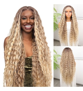 Afro Dalga Kumral Balköpüğü Ombre ve Röfleli Fiber Sentetik Tül Peruk