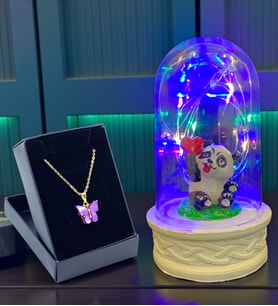 Renkli Led Işıklı Tasarım Fanus ve Mor Kelebek Kolye Hediye Seti (Model 6)