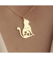 Kişiye Özel Kedi Kalp Detaylı Tarih Kolye 925K Gümüş (Gold)