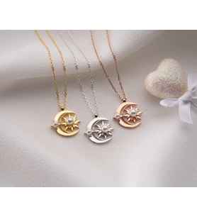 925 Ayar Ay Güneş Beyaz İncili Kolye.rose.gold.rodaj Ay Güneş