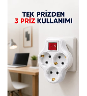Tek Prizi 3 lü Yapan Anahtarlı Priz Adaptörü Topraklı Priz Çoğaltıcı