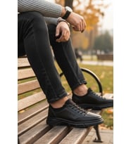 Enoch Hakiki Deri Siyah Üçlü Çizgi Detaylı Erkek Sneaker Ortopedik Taban