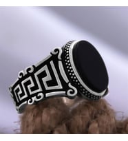 Siyah Oniks Taşlı Grek Desen Özel Seri Erkek Gümüş Yüzük