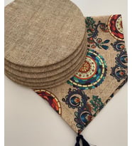 Amerikan servis takımı, (çuval baskılı etnik mandala desen runner & 6' lı supla) (Kahverengi Açık)