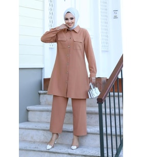 Cep Detaylı Tesettür Camel Takım 