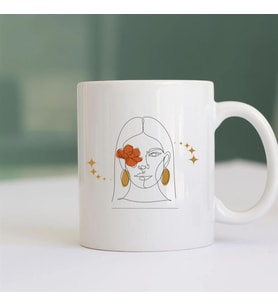 Line Art Çiçekli Kadın Tasarımlı Porselen Kahve Kupası