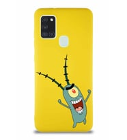 Samsung Galaxy A21S Soft Premier Kapak Plankton Tasarımlı Silikon Kılıf - Sarı (Şeffaf)