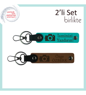 Anıları Çek, Kalbinde Sakla, Fotoğraf Makinesi Temalı 2’li Kişisel Anahtarlık, Koyu Turkuaz-A Kahve