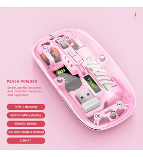 Şeffaf Mouse Kablosuz Mouse Fare Şarjlı Bluetooth Wireless Çift Modlu Sessiz 5 Tuşlu DPI Kontrol (Pembe)