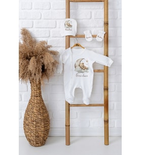 Pia Baby Premium %100 Pamuk İsimli Erkek Bebek Tulumu Şapka ve Eldiven Yenidoğan Hediye Seti 5048-09 (Ekru)