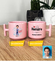 Kişiye Özel Karikatürlü Hemşire Hediye Pastel T Kupa Erkek Hemşireye Tıp Bayramı Hediyesi (Pembe)