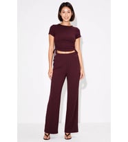 Kadın Kısa Kollu Bisiklet Yaka Crop Top İspanyol Paça Flare Pantolon Likralı Örme Takım Günlük Rahat