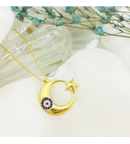 Vaoov 925 Ayar Gümüş Nazarlı Ay Yıldız Kolye (Gold)
