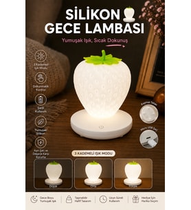 Silikon Çilek Beyaz Gece Lambası Şarjlı Dokunmatik 3 Kademe Parlaklık Dokunmatik Çocuk ve Masa Lambası