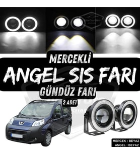 Peugeot Bipper 2008-2022 Uyumlu Mercekli Angel Sis Farı Metal 76 mm Beyaz Halkalı Gündüz Farı 2 Adet