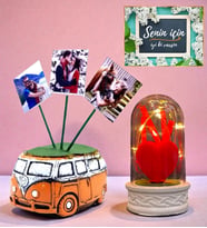 Kişiye Özel Hediye Seti Led Işıklı Fanus ve 3 Fotoğraflı Turuncu Vosvos Saksı (Model 1)